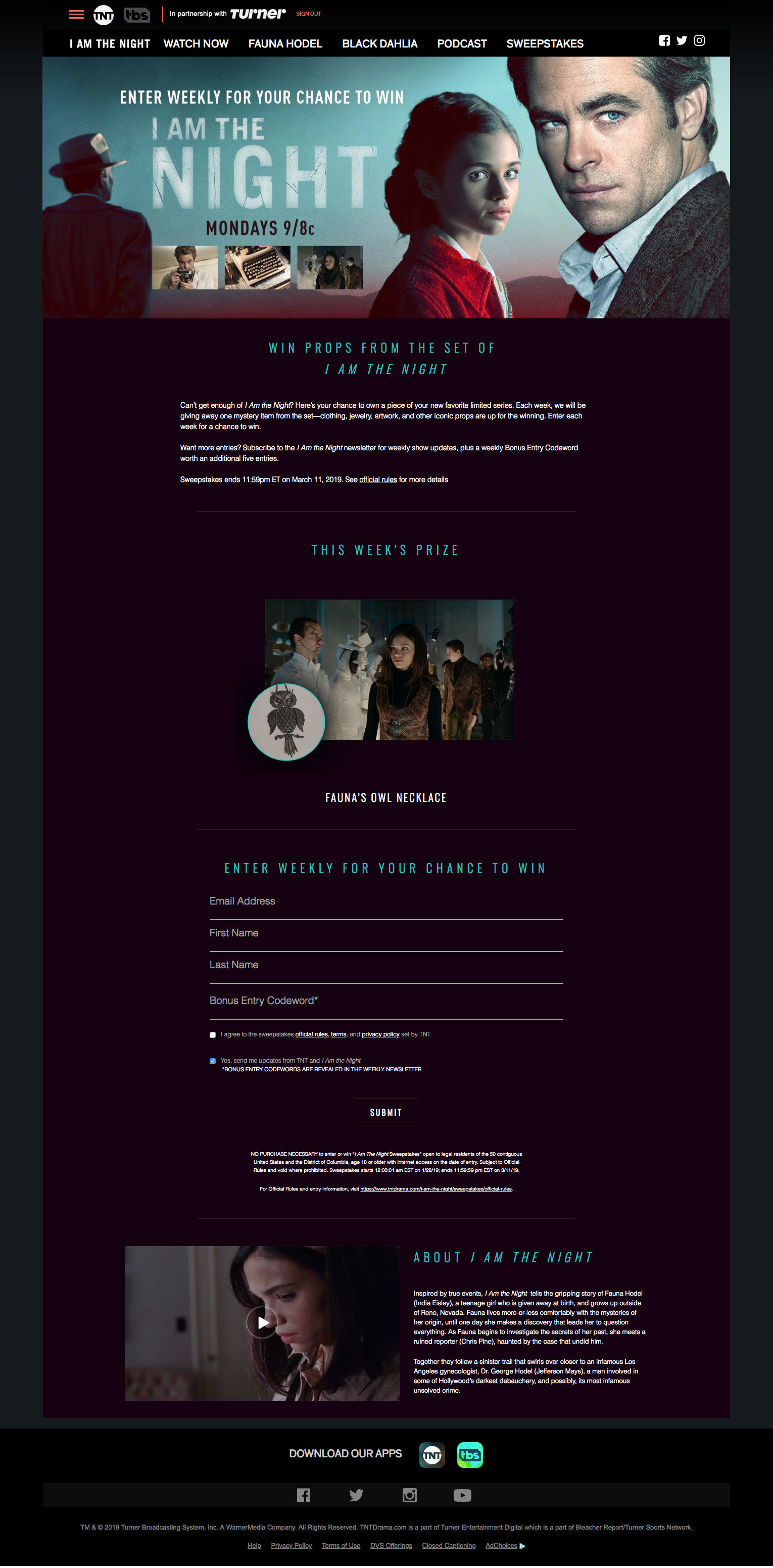 Screenshot of designed and executed sweepstakes page live on TNT website and the show's page.