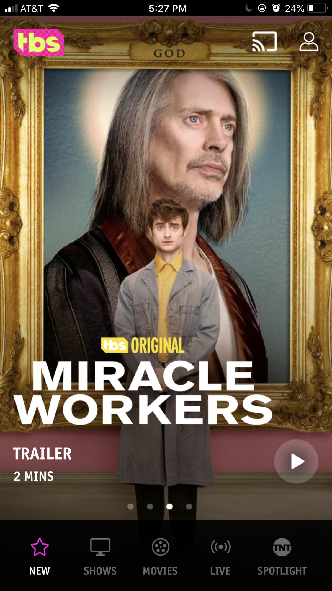 Screenshot of Miracle Workers banner live on the home page of the TBS app (pre update).