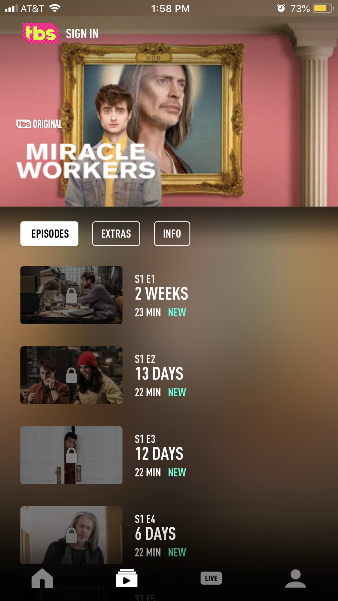 Screenshot of Miracle Workers banner and episode images live on TBS app (post update).