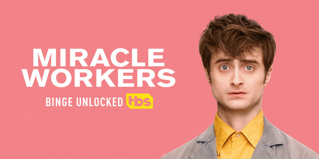 Banner promoting show Miracle Workers on TBS for Roku platform.