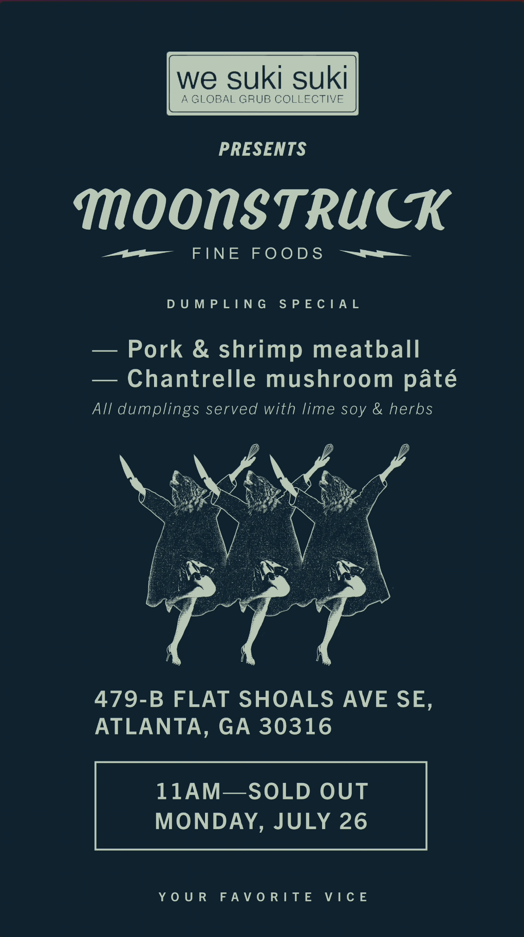 Moonstruck Fine Foods dumpling special menu for the We Suki Suki pop up