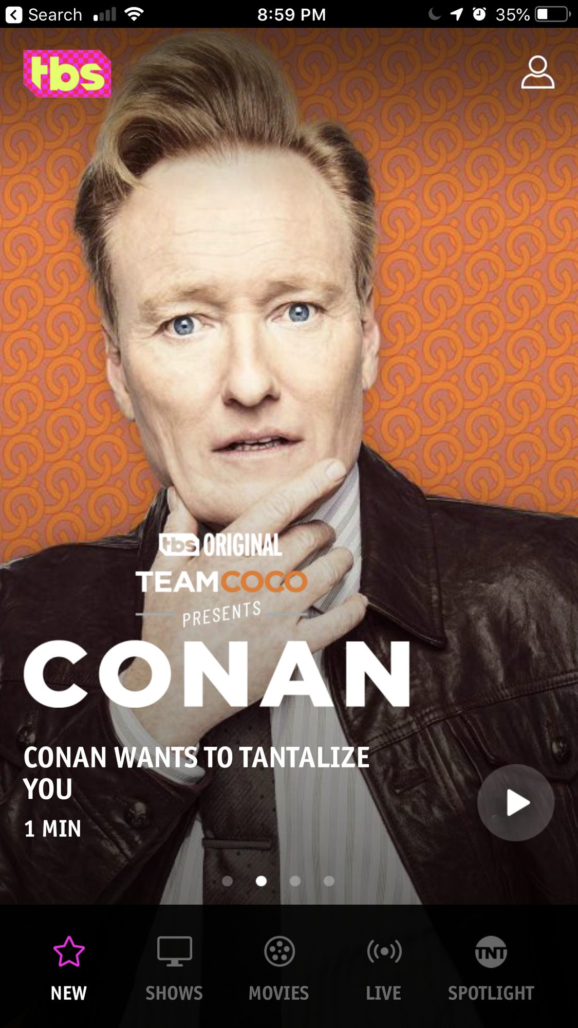 Screenshot of Team Coco Presents Conan banner live on the home page of the TBS app (pre update).