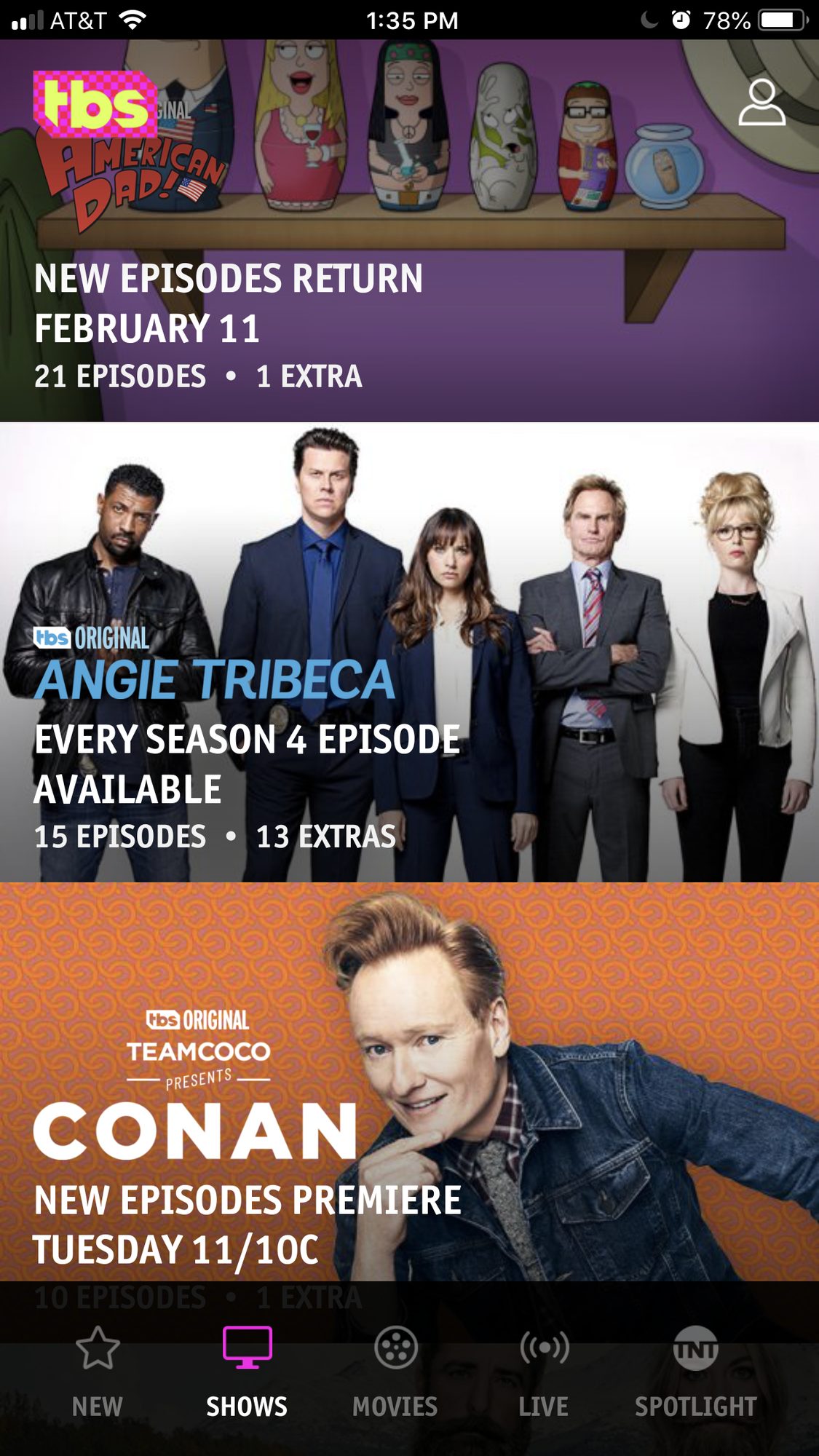 Screenshot of Team Coco Presents Conan banner live on the TBS app (pre update).