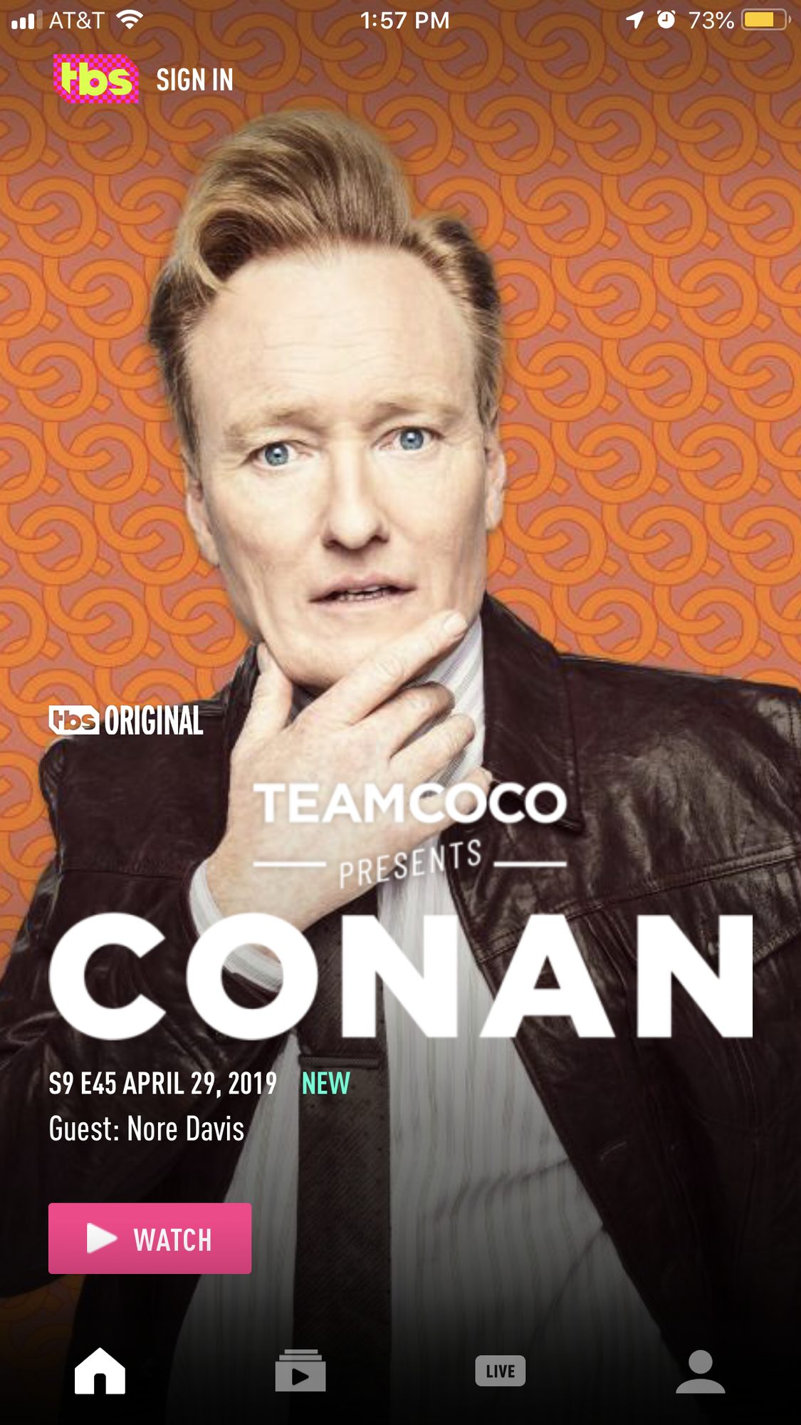 Screenshot of Team Coco Presents Conan banner live on the home page of the TBS app (post update).
