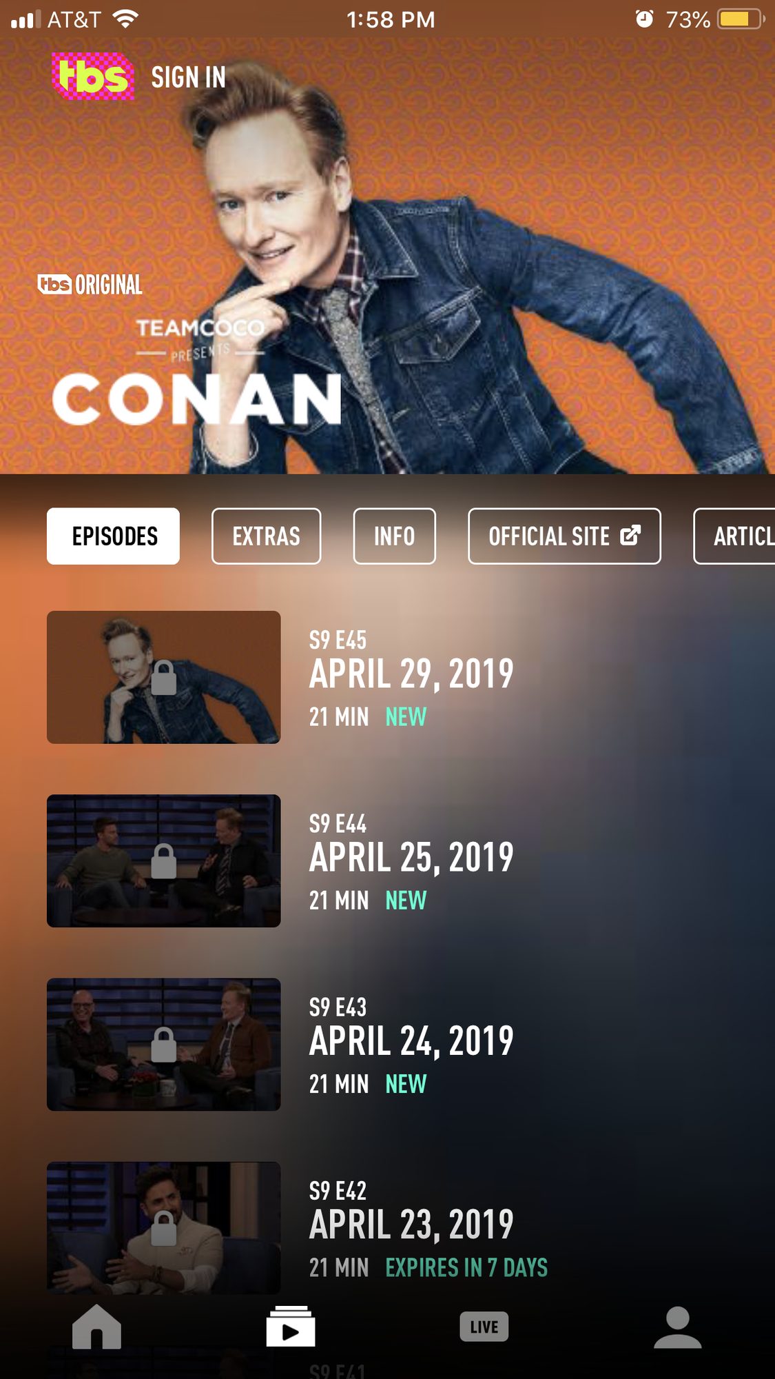 Screenshot of Team Coco Presents Conan banner live on the Conan page of the TBS app (post update).